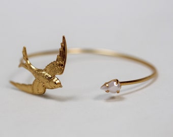 Swallow Bird Bracelet Flexible Wrap Cuff Boho Bridesmaid Accessory Bridal Jewellery Brides Bracelet, Fairy Jewelry Pearl Crystal Silver Gold