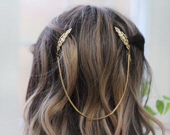 Marquise Hair Chains, Bridal Hair Accessories, Wedding Hair Wreath, Unique Boho Filigree Princess Hair Jewellery Fantasy Gold Hair Chain