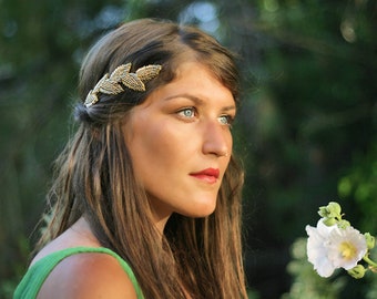 Helena Beaded Leaves Goddess Headband Bridal Hair Accessories Grecian Crown Gold Laurel Wreath, Golden Leaves, Roman Crown, Rear crown