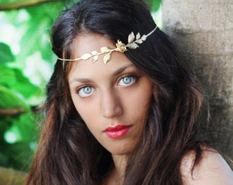 Discounted Rose Hair Chain Bridal Hair accessories, Forehead Band Golden Leaves Hair Wreath, Gold Leaf Hair Chain, Wedding Goddess Headband