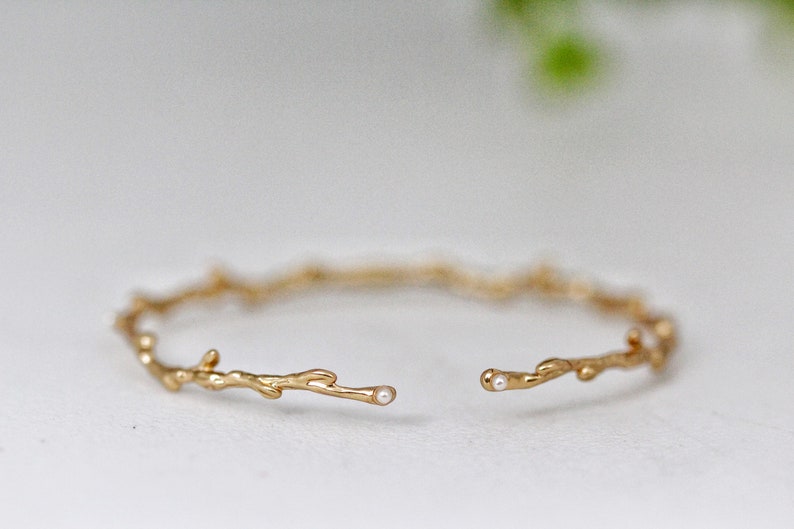 Rustic Seed Pearls Branch Bracelet, Bridal Jewelry, Bride Bracelet Swarovski Cuff Wedding Jewellery Bridesmaid Bracelets Gold Plated Gin KB image 1