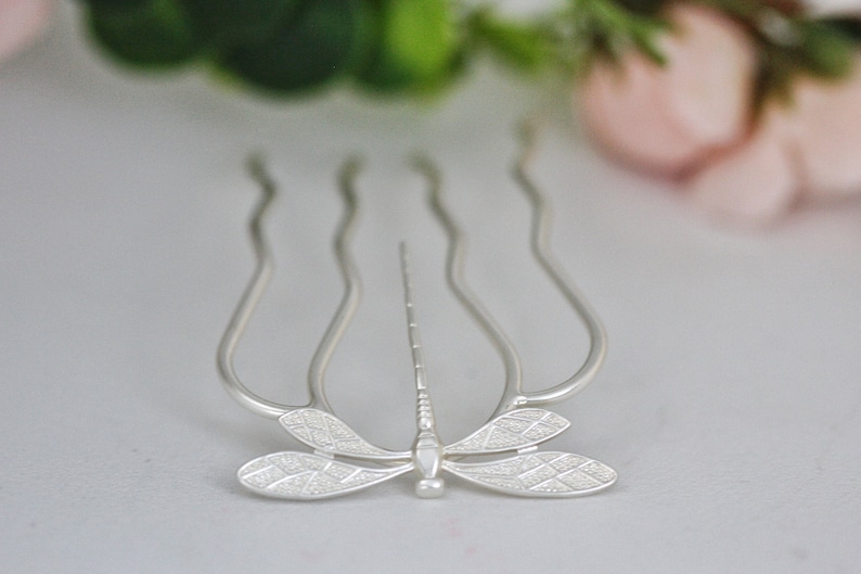 Dragonfly Hair Prong Gold Hair Stick Rose Leaves Gold Insects Accessory Nature Inspired Hair Fork Silver Hair Pin Whimsical Woodland Fairy image 2