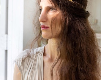 Forget-Me-Not Floral Goddess Crown Gold Leaves Tiara Bridal Wreath Flower Greek Headband Grecian Flowers Bridal Hair Accessory