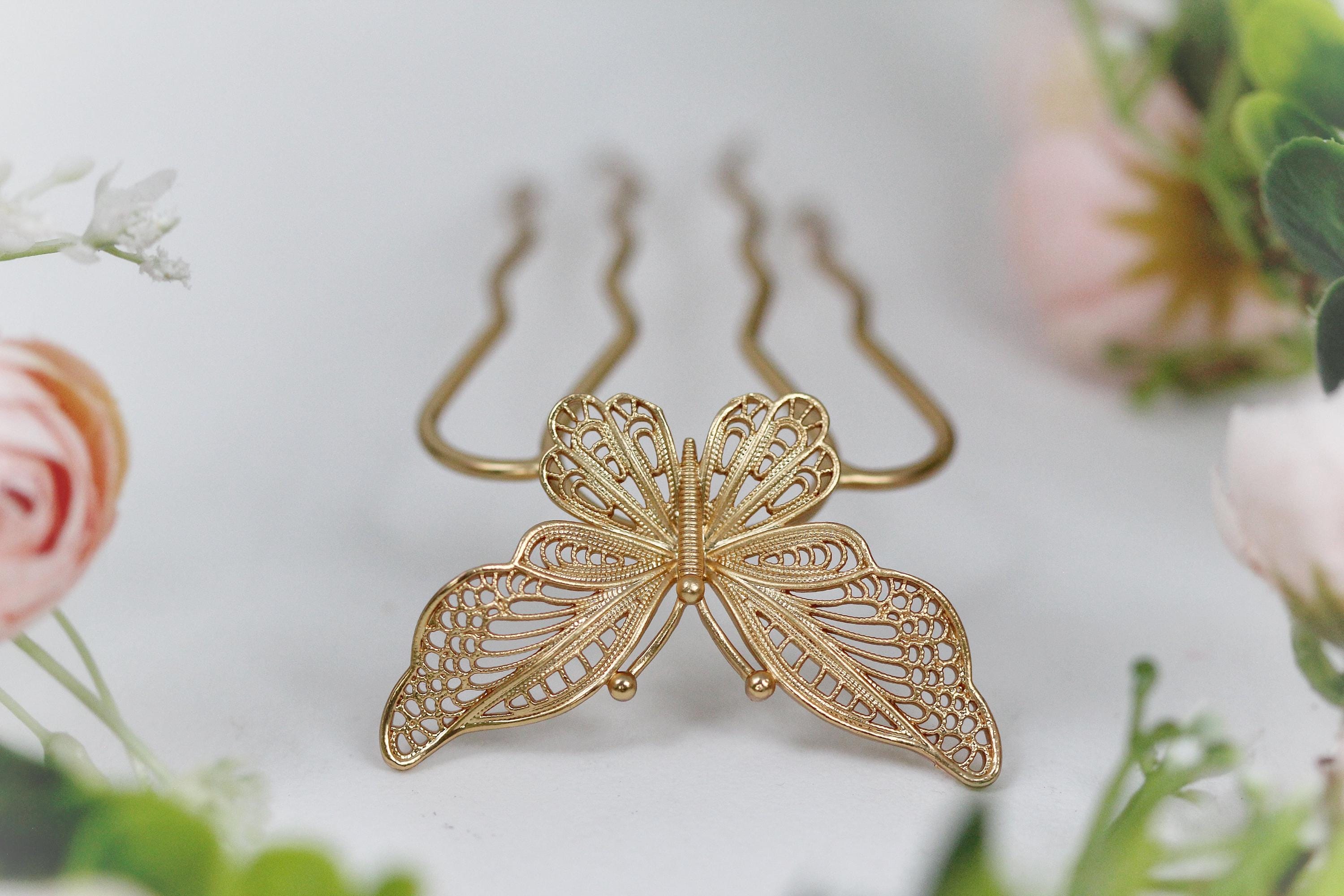 Filigree Butterfly Hair Pin Rose Gold Hair Prong Bun Stick 