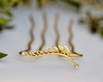 Whispy Leaves with Pearls Hair Prong French Pin Gold Egypt Leaf Bridal Wedding Leaves Jewelry Silver Hair Accessory Nature Inspired Fork