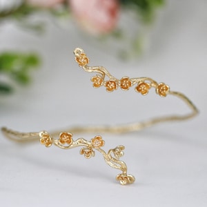 Sakura Cherry Blossom Arm Band Floral Nature Inspired Bracelet Dainty Flowers Hand Made Bridal Jewelry Gold Branch Wedding Boho Arm Band