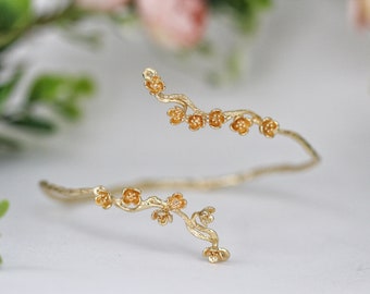 Sakura Cherry Blossom Arm Band Floral Nature Inspired Bracelet Dainty Flowers Hand Made Bridal Jewelry Gold Branch Wedding Boho Arm Band