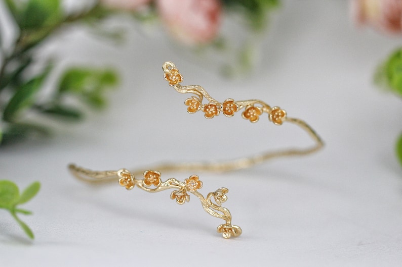 Sakura Cherry Blossom Arm Band Floral Nature Inspired Bracelet Dainty Flowers Hand Made Bridal Jewelry Gold Branch Wedding Boho Arm Band image 1