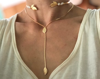 Drop Lariat Leaf Necklace, Dainty Leaves Charm Delicate Chain Gold Rose Gold Silver Necklaces Bridal Jewelry Wedding Accessories