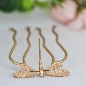 Dragonfly Hair Prong Gold Hair Stick Rose Leaves Gold Insects Accessory Nature Inspired Hair Fork Silver Hair Pin Whimsical Woodland Fairy image 1