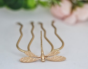 Dragonfly Hair Prong Gold Hair Stick Rose Leaves Gold Insects Accessory Nature Inspired Hair Fork Silver Hair Pin Whimsical Woodland Fairy