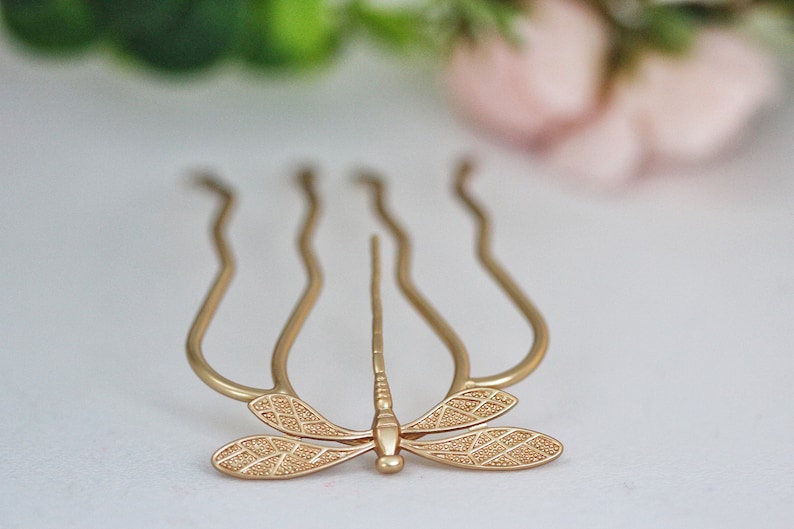 Dragonfly Hair Prong Gold Hair Stick Rose Leaves Gold Insects Accessory Nature Inspired Hair Fork Silver Hair Pin Whimsical Woodland Fairy image 1