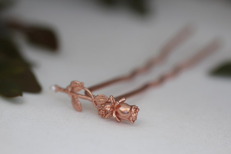 Small Peony Hair Prong Floral Flower Rose Gold Flowers Leaves Boho Floral Hair Accessory Nature Inspired Hair Fork Bridal Hair Pin image 4