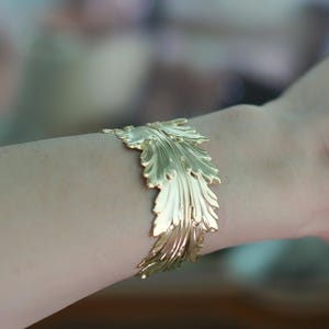 King Feather Bracelet, goddess jewellery, Wrap Leaf Bracelet, Bridal Statement Bracelet, Bridal Accessories, Giant gold Stem Branch Feather image 3
