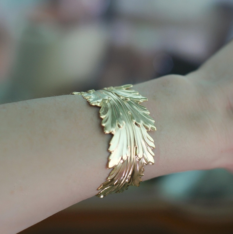 King Feather Bracelet, goddess jewellery, Wrap Leaf Bracelet, Bridal Statement Bracelet, Bridal Accessories, Giant gold Stem Branch Feather image 3