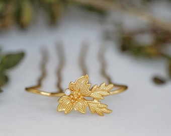 Flower Clump Leaf try with Pearls Hair Prong French Pin Gold Egypt Leaf Bridal Wedding Leaves Jewelry Silver Hair Accessory Nature Inspired
