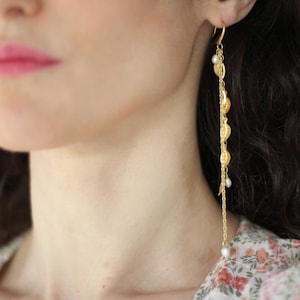 Leaf Waterfall Earrings, Bridal Leaves Chain Pearls Earrings, Bridal Jewelry, Wedding Earrings, Pearl, Long Boho Gold Earrings image 1