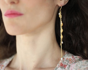 Leaf Waterfall Earrings, Bridal Leaves Chain Pearls Earrings, Bridal Jewelry, Wedding Earrings, Pearl, Long Boho Gold Earrings