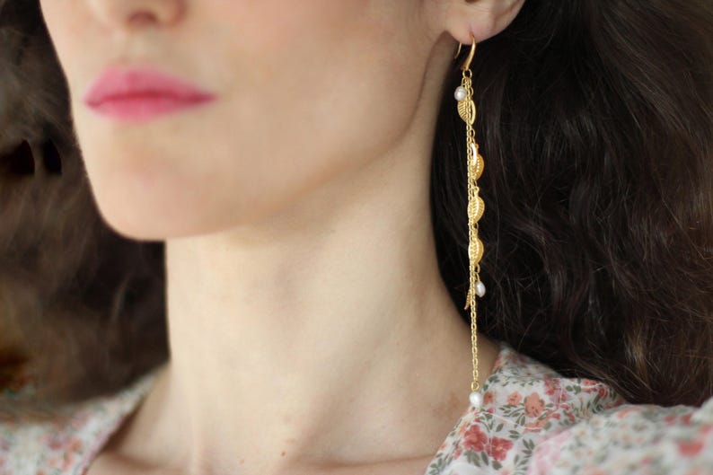 Leaf Waterfall Earrings, Bridal Leaves Chain Pearls Earrings, Bridal Jewelry, Wedding Earrings, Pearl, Long Boho Gold Earrings image 1