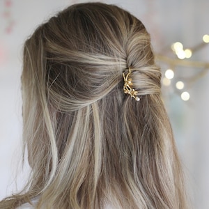 Floral Magnolia Branch Pearls Bun Prong Updo Stick Gold Flower Pin Rose Gold Silver Bridal Hair Piece Cherry Blossom Flower Fork