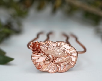 Frog on a Lilypad Hair Prong Silver Floral Toad Amphibian Hair Clip Rose Gold  Hair Accessories Magical Animal Hair Pins