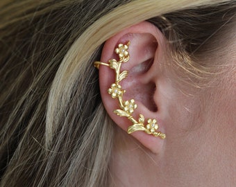Forget-Me-Me Ear Cuff Flower Earrings Gold Floral Ear Nature Inspired Jewelry Huggie Silver  Bohemian Hand Made Boho Jewelry Ear Climber