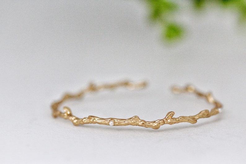 Rustic Seed Pearls Branch Bracelet, Bridal Jewelry, Bride Bracelet Swarovski Cuff Wedding Jewellery Bridesmaid Bracelets Gold Plated Gin KB image 7