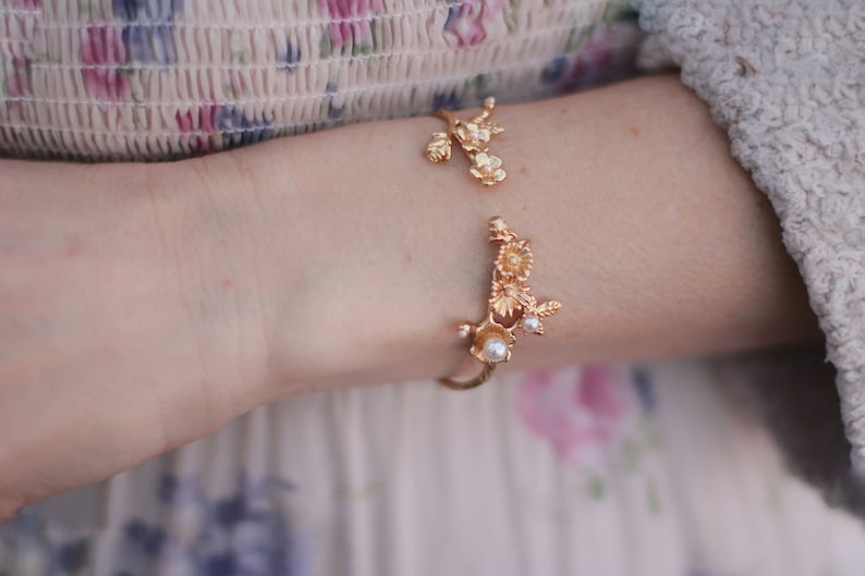 Whimsical Meadows Bracelet Blooming Gold Wrap Wire Bracelet Silver Floral Adjustable Bohemian Bracelet Bridal Jewelry Bridesmaid Jewelry image 1