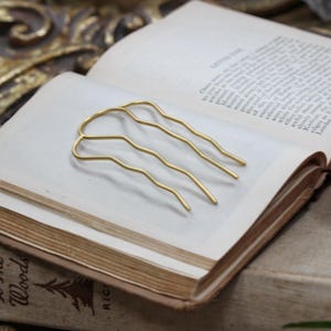 Four Teeth Plain Long Hair Prong Simple Hair Pin Bun Updo Stick Gold Plated Fork Hand Made Bridal French Boho Hair Pin Wedding Clip