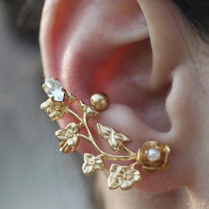 Preorder * Angela Ear Cuff, Flower Crystal Earring, Gold Ear Climber, Floral Bridal Jewelry Boho Chic, Bohemian Wedding jewelry Rose Crystal