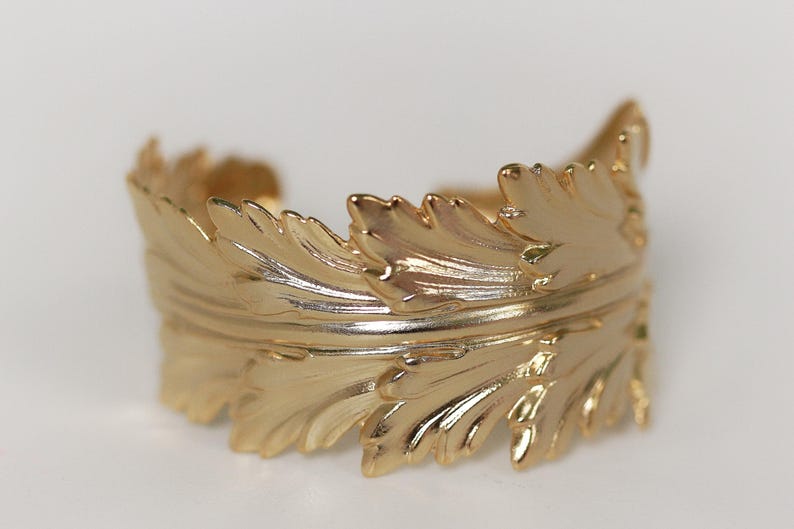 King Feather Bracelet, goddess jewellery, Wrap Leaf Bracelet, Bridal Statement Bracelet, Bridal Accessories, Giant gold Stem Branch Feather Gold
