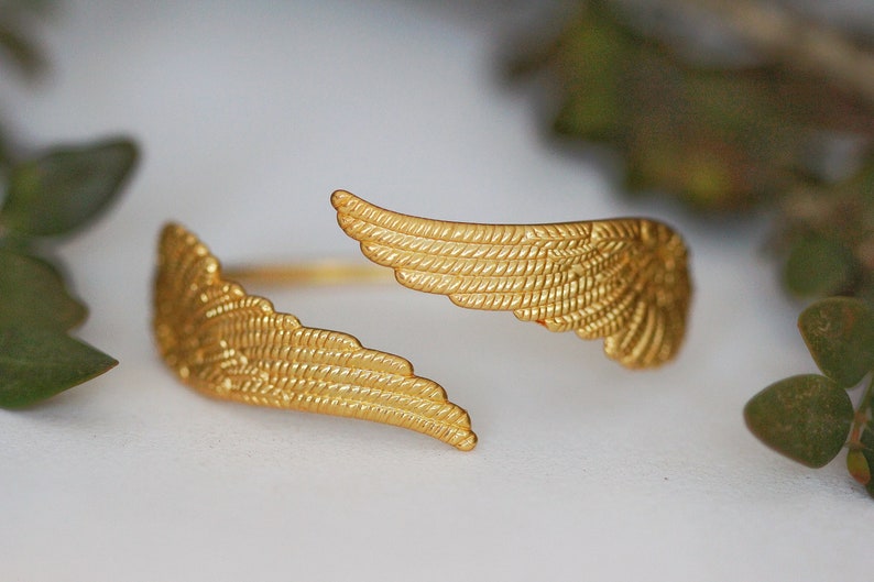 Preorder Angel Wings Ring, Gold Feather Ring, Adjustable Cherub Bohemian Jewelry Whimsical Ploma Anillo Wing Feathers Grecian Goddess image 2