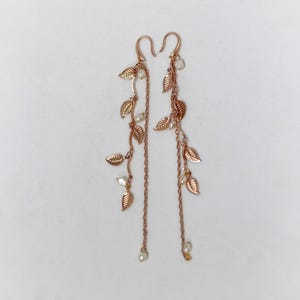 Leaf Waterfall Earrings, Bridal Leaves Chain Pearls Earrings, Bridal Jewelry, Wedding Earrings, Pearl, Long Boho Gold Earrings Rose gold