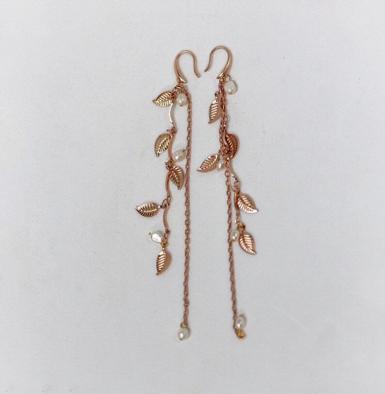 Leaf Waterfall Earrings, Bridal Leaves Chain Pearls Earrings, Bridal Jewelry, Wedding Earrings, Pearl, Long Boho Gold Earrings Rose gold
