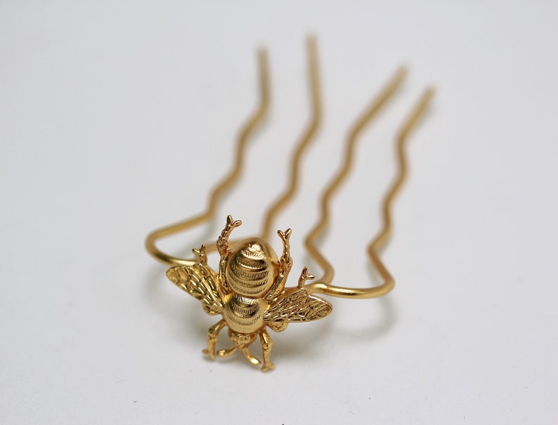 Preorder Honey Bee Hair Prong, Gold Insect Clip, Functional Boho Hair Jewelry, Gold Hair Accessory Nature Inspired Hair Pin image 3