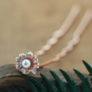 Tiny Flower Pearl Hair Stick Floral Pearl Hair Flower Hair Accessory, Rose Gold Hair Prong Silver Rose Boho Hair Pin, Hair Prong, Bun Holder