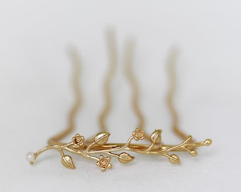 Enchanted Garden Prong Leaf Bun Hair Stick Gold Flower Hair Pin Floral Hair Piece Bridal Hair Pin Daisies Boho Flower Hair Fork