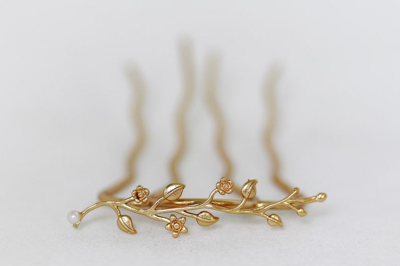 Enchanted Garden Prong Leaf Bun Hair Stick Gold Flower Hair Pin Floral Hair Piece Bridal Hair Pin Daisies Boho Flower Hair Fork image 1