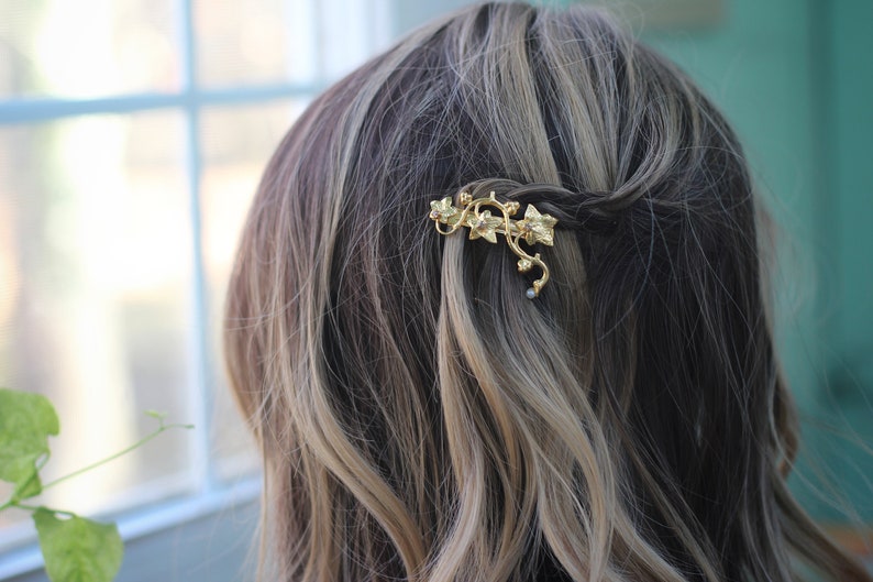 One of a Kind Ivy Pearl Leaf Barrette Gold Romantic Hair Jewelry One of a Kind Ivy Pearl Leaf Barrette Gold Romantic Hair Jewelry