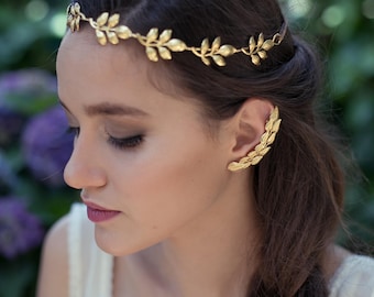Olive Leaf Ear Cuff, Gold Leaves Earring, Gold Plated, Ear Climber, Ancient Greek Jewelry, Boho Chic, Hand Made Ear Huggie, Bridal jewelry