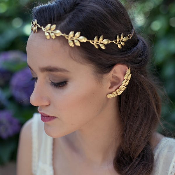 Pendiente de oreja con forma de hoja de olivo, estilo griego antiguo, joyería nupcial boho chic.