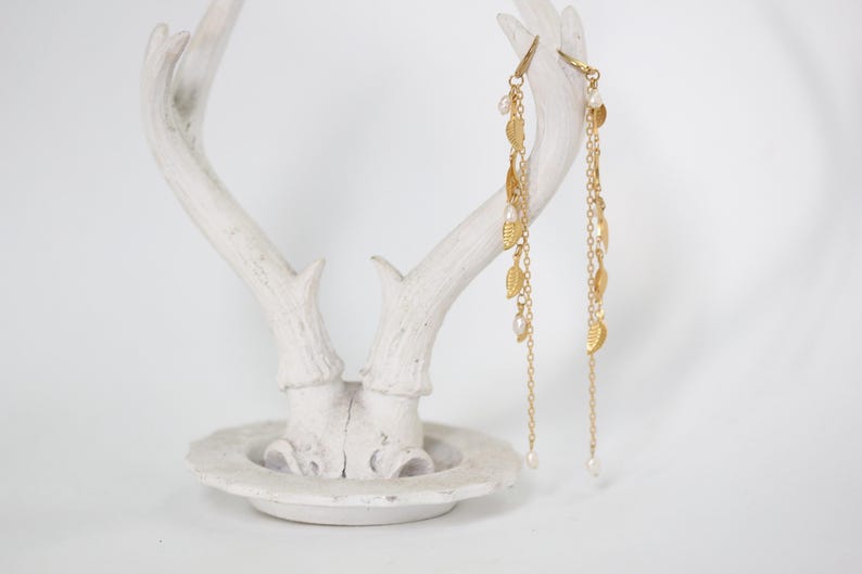 Leaf Waterfall Earrings, Bridal Leaves Chain Pearls Earrings, Bridal Jewelry, Wedding Earrings, Pearl, Long Boho Gold Earrings image 7