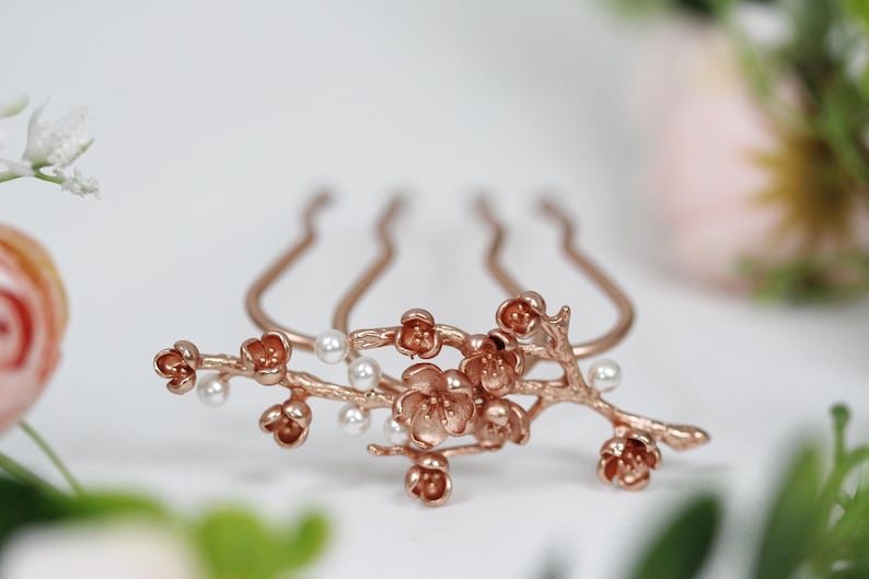 Sakura Field Haarspeld Rosegoud Kersenbloesemblad Bruidsbruiloft Bladeren Sieraden Bladzilver Bloemen Haaraccessoire Haarspeld Fairy Elven afbeelding 1