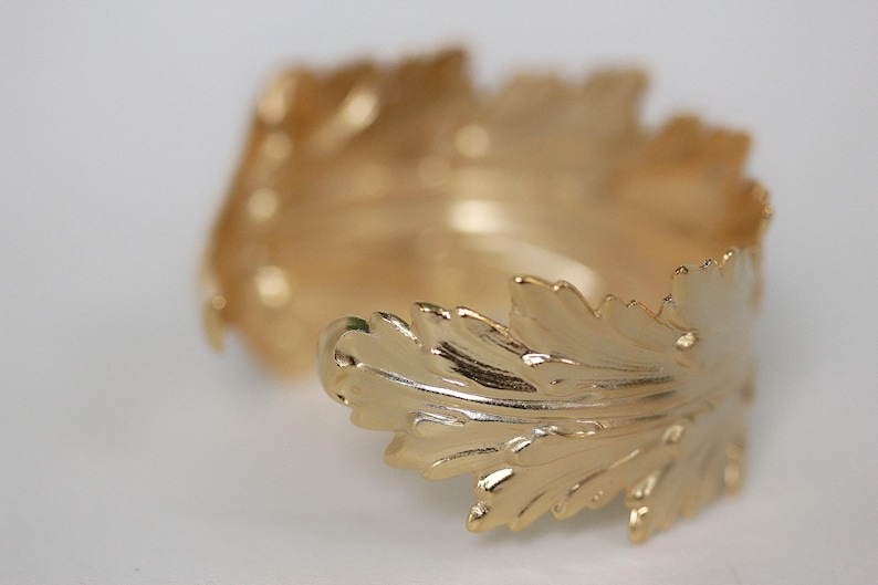 King Feather Bracelet, goddess jewellery, Wrap Leaf Bracelet, Bridal Statement Bracelet, Bridal Accessories, Giant gold Stem Branch Feather image 5