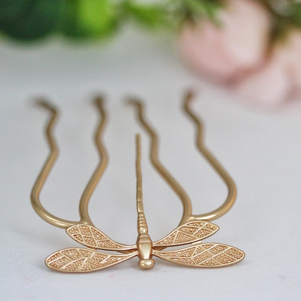 Libelle Haarnadel Gold Haarstab Rose Blätter Gold Insekten Accessoire Natur inspiriert Haarforke wunderliche Waldfee