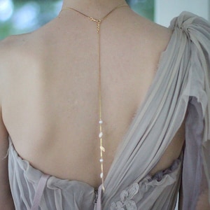 Preorder * Elvira Back Drop Lariat Leaf Pearls Necklace Dainty Leaves Charm Delicate Chain Gold Silver Bridal Jewelry Wedding Accessories