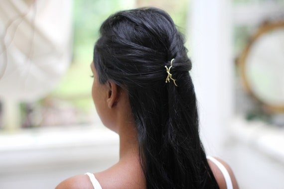 Tiny Branch Hair Prong Seed Pearls Crystal Gold Leaf Stick 