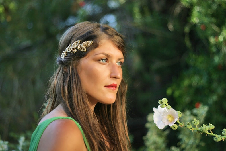 Beaded Leaves Goddess Headband Bridal Hair Accessories Grecian Crown Gold Laurel Wreath Golden Leaves, Roman Crown, Rear crown image 4