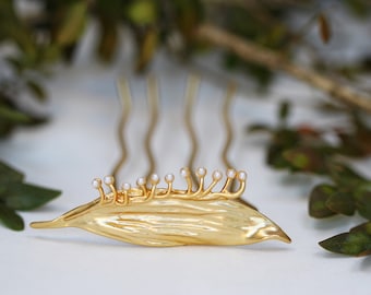 Royal Lily of the Valley Leaf Pearls Hair Prong Floral Boho French Pin Gold Bridal Wedding Leaves Silver Hair Fork Accessory Nature Inspired