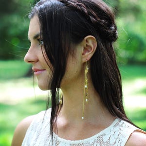 Leaf Waterfall Earrings, Bridal Leaves Chain Pearls Earrings, Bridal Jewelry, Wedding Earrings, Pearl, Long Boho Gold Earrings image 3